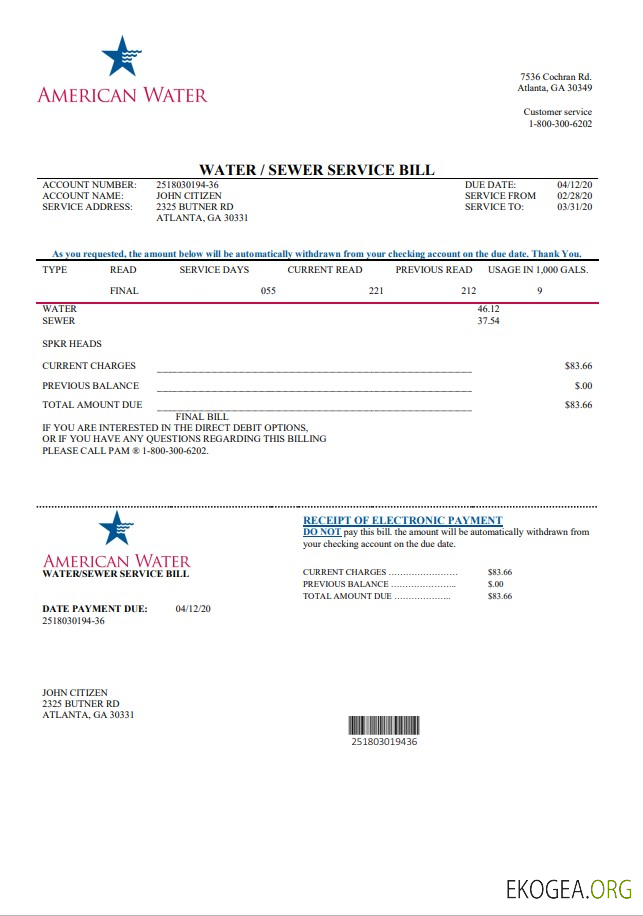 USA Georgia American Water utility bill template in Word and PDF format